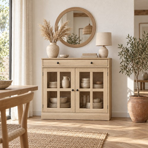 Aparador VITRIN — Puertas de Vidrio y Cajón, Madera Natural, 90 cm