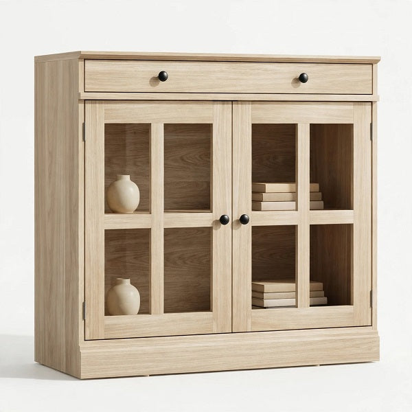 Aparador VITRIN — Puertas de Vidrio y Cajón, Madera Natural, 90 cm