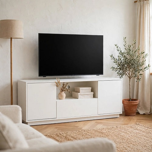 Mueble de TV VISA — 3 Puertas, Melamina Blanca, 140x52 cm