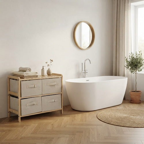 Cajonera LADA — Abeto y Cajones de Tela Beige, 4 Cajones
