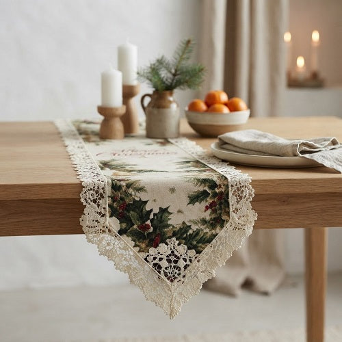 Pack de 2 Caminos de Mesa Navideños LOPARE — Encaje de Poliéster, 90x33 cm