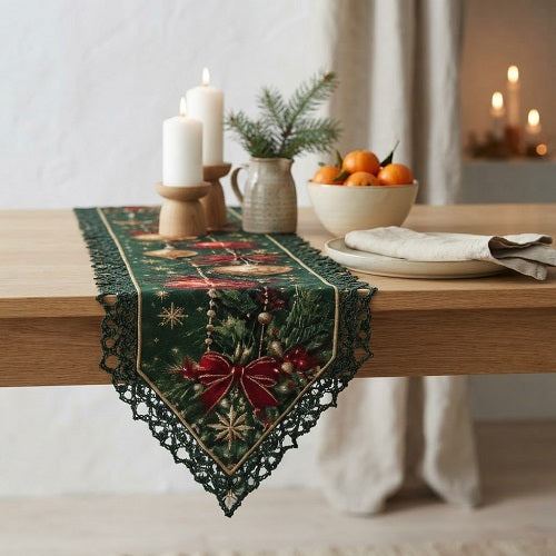 Pack de 2 Caminos de Mesa Navideños LOPARE — Encaje de Poliéster, 90x33 cm