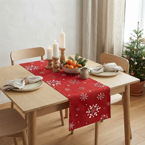 Camino de Mesa Navideño FROST — Copos de Nieve Rojo, Doble Cara, 33x137 cm