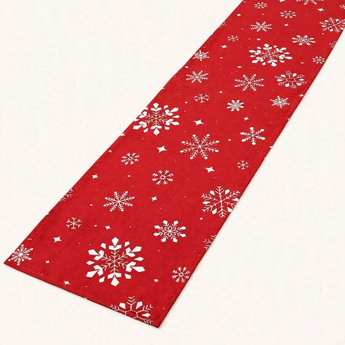 Camino de Mesa Navideño FROST — Copos de Nieve Rojo, Doble Cara, 33x137 cm