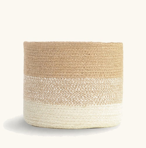 Cesto BAST — Yute Trenzado con Franjas Beige y Blanco
