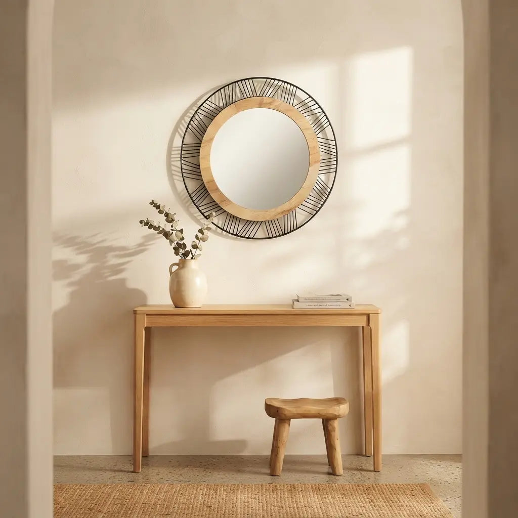 Espejo Redondo SOL D45cm — Madera y Metal Negro