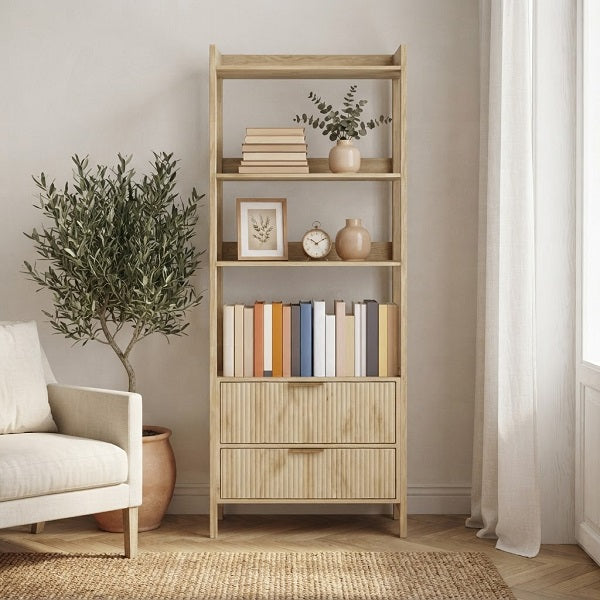 Librería BOKA — Madera Natural, 4 Estantes y 2 Cajones, 160 cm