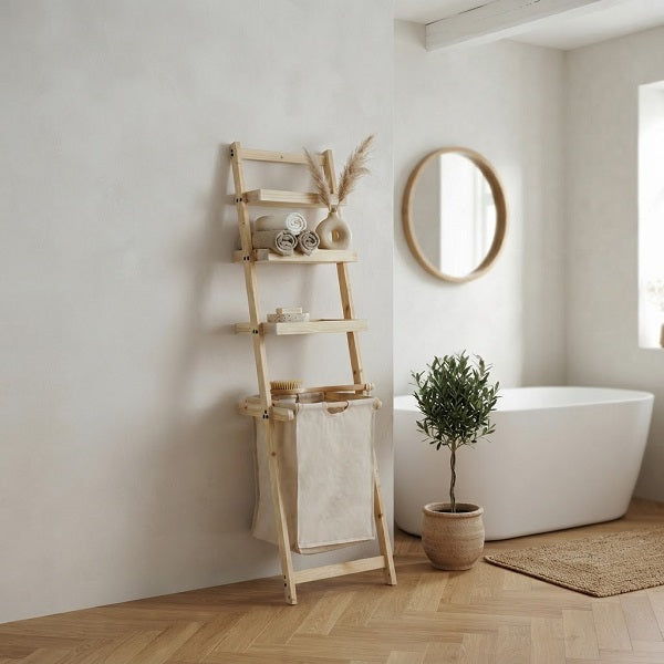 Estantería STIGE — Bambú Tipo Escalera con Cesto para Ropa.