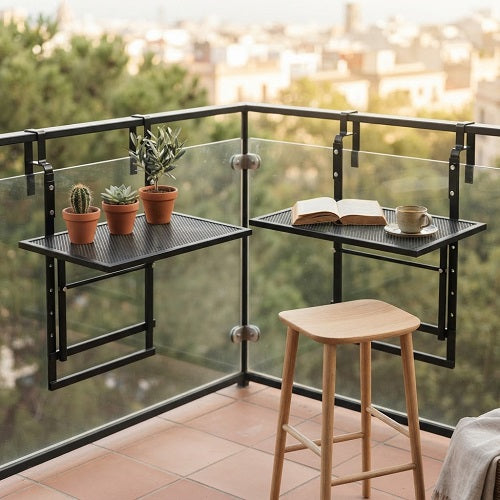Set de 2 Mesas Colgantes DUBBEL para Barandilla de Balcón — Negro, 5 Alturas