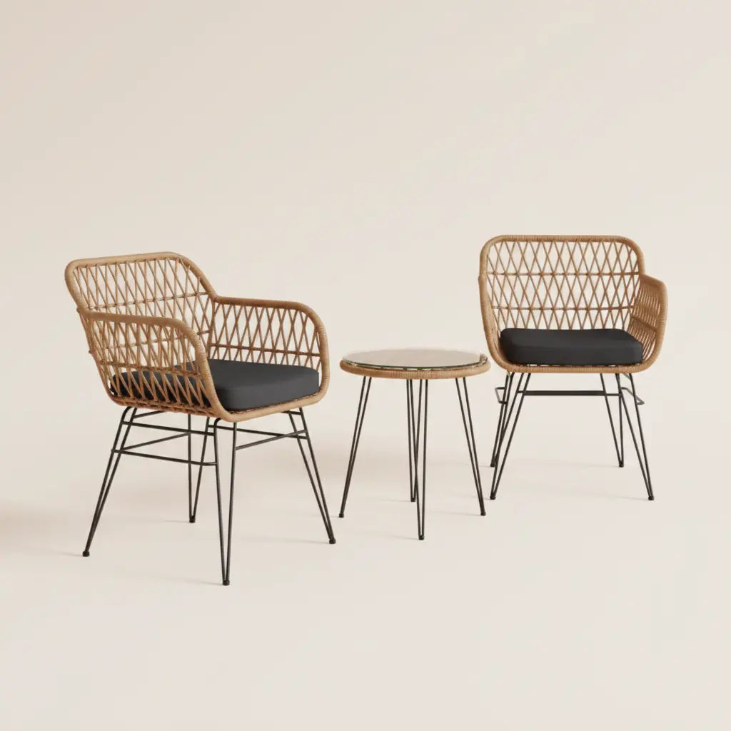 Conjunto de bistró SOLHUSEN IBIZA de ratán con mesa de cristal y dos sillones