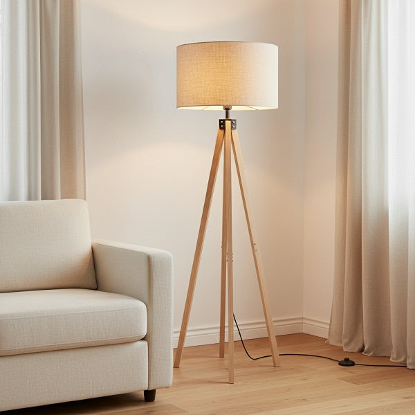Lámpara de Pie STATIV — Trípode de Madera y Pantalla de Lino, 155 cm