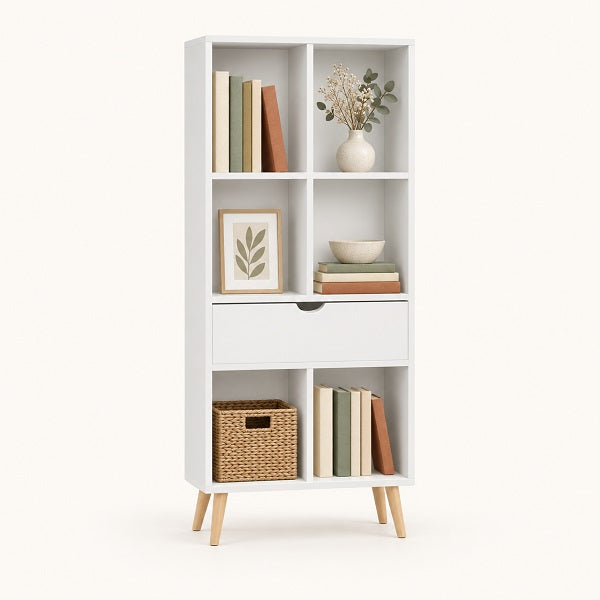 Librería LOVA — Blanca, 6 Compartimentos y 1 Cajón, 121 cm