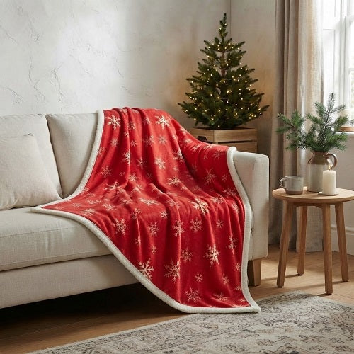 Manta Navideña SNOFILT — Copos de Nieve Rojo, Franela y Sherpa, 150x190 cm