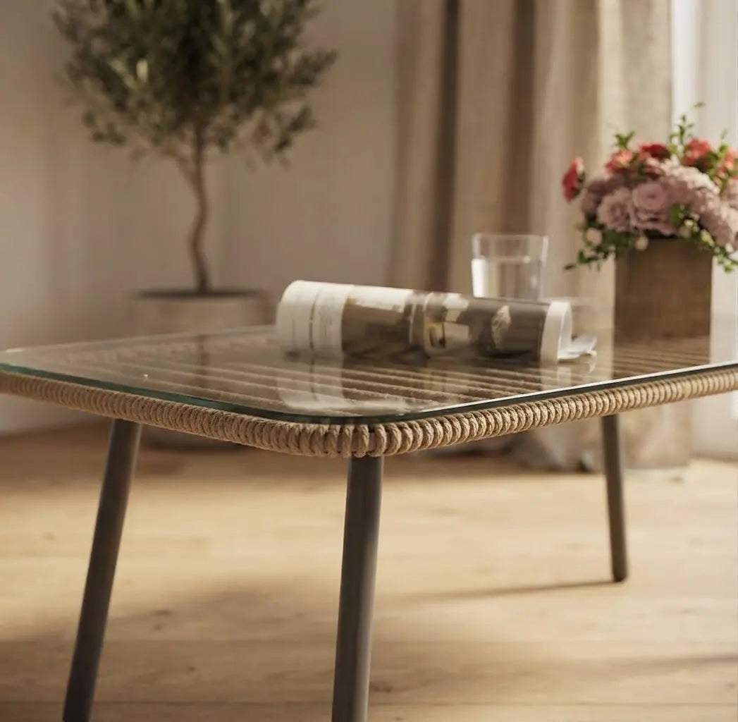 Mesa Baja de Jardín LIDO — Resina Trenzada y Cristal Templado