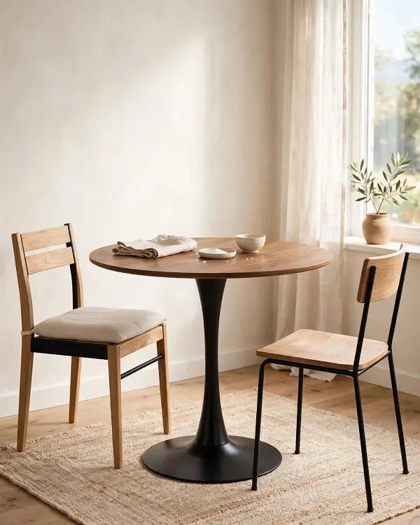 Mesa de Comedor STAM — Tablero de Nogal y Base Pedestal Negra