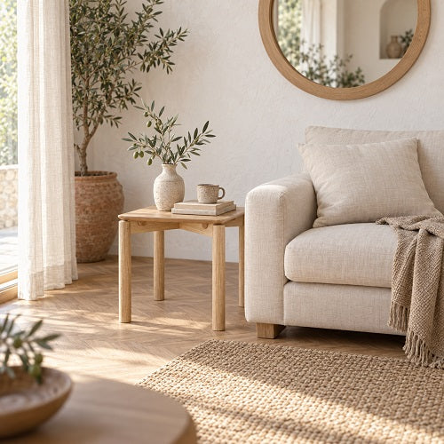Mesa Auxiliar FURA — Tablero MDF y Patas de Hevea, 50x50 cm
