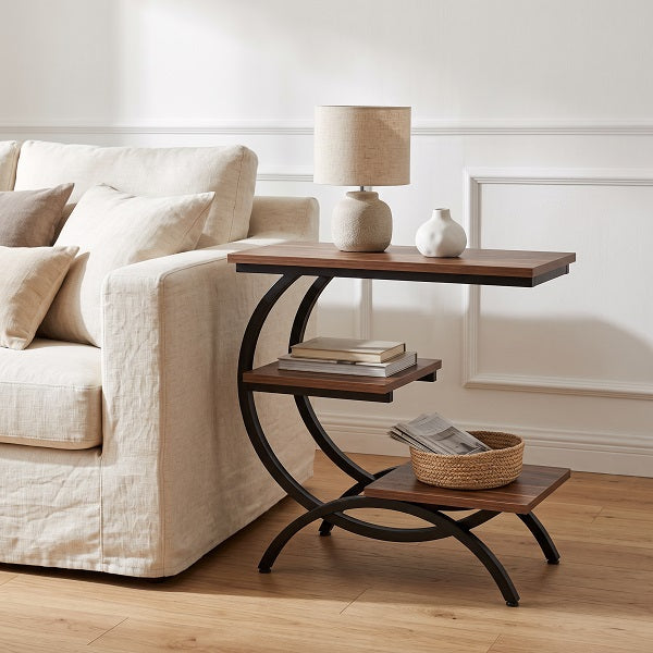 Mesa Auxiliar TRAPP — Forma en C, 3 Niveles, Madera y Hierro