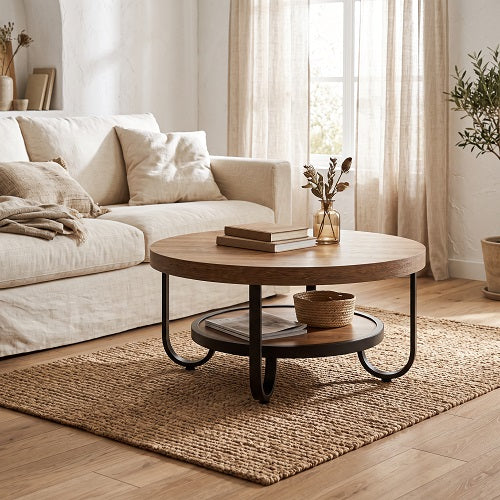 Mesa de Centro BUE — Redonda Doble Nivel, Madera y Metal, Ø80 cm