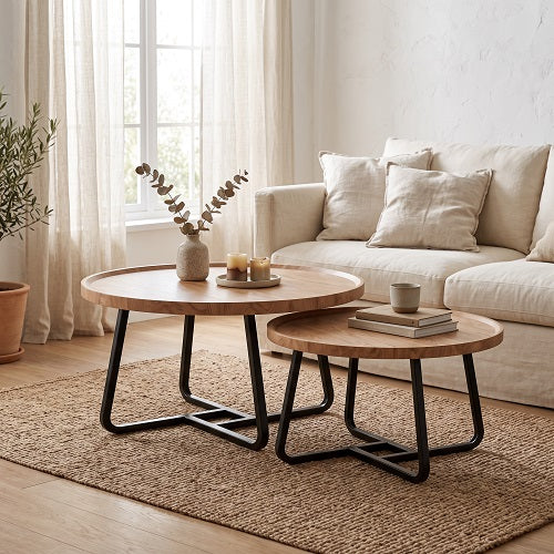 Set de 2 Mesas de Centro SYSKON — Redondas, Madera y Metal, Ø80 y Ø60 cm