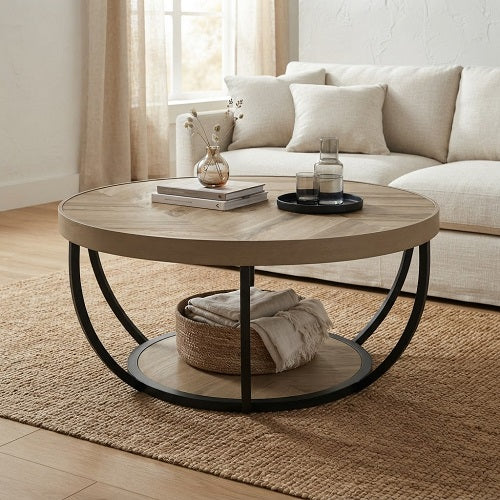 Mesa de Centro VARV — Redonda 2 Niveles, Madera y Metal, Ø80 cm