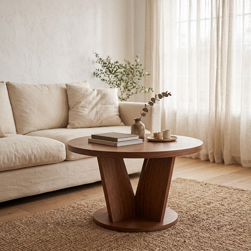 Mesa de Centro VINKEL — Redonda con Patas en V, Madera, Ø80 cm