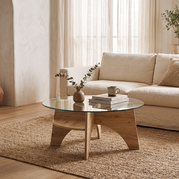 Mesa de Centro KLAR — Redonda de Cristal, Patas Efecto Madera, Ø80 cm