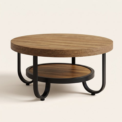 Mesa de Centro BUE — Redonda Doble Nivel, Madera y Metal, Ø80 cm
