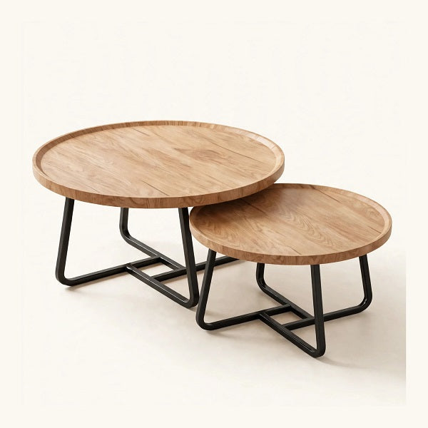Set de 2 Mesas de Centro SYSKON — Redondas, Madera y Metal, Ø80 y Ø60 cm