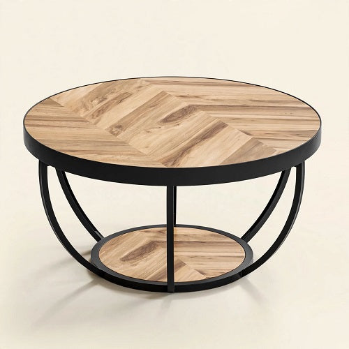 Mesa de Centro VARV — Redonda 2 Niveles, Madera y Metal, Ø80 cm