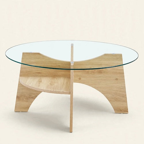 Mesa de Centro KLAR — Redonda de Cristal, Patas Efecto Madera, Ø80 cm