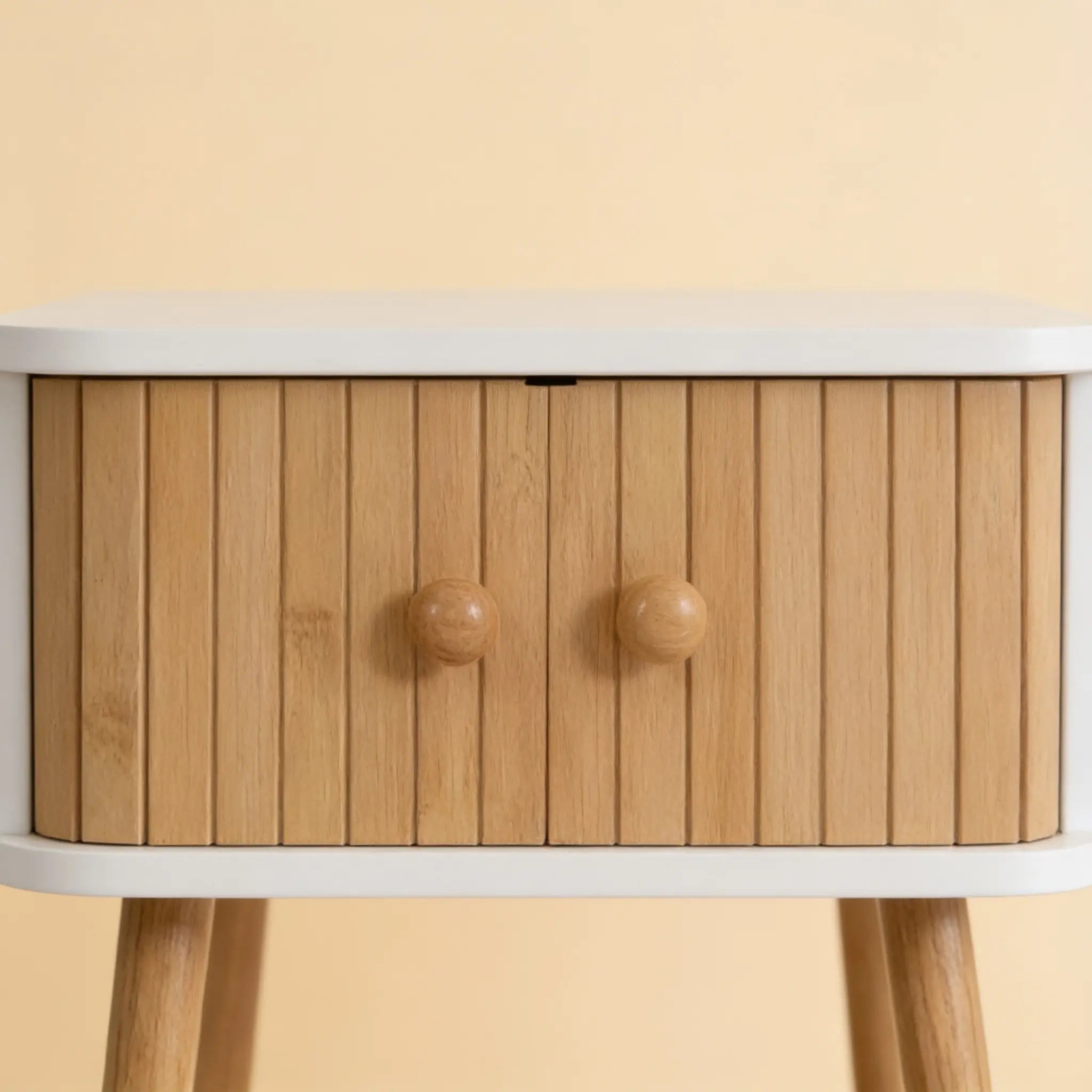 Mesita de Noche BJORK — Blanca con Cajón de Bambú