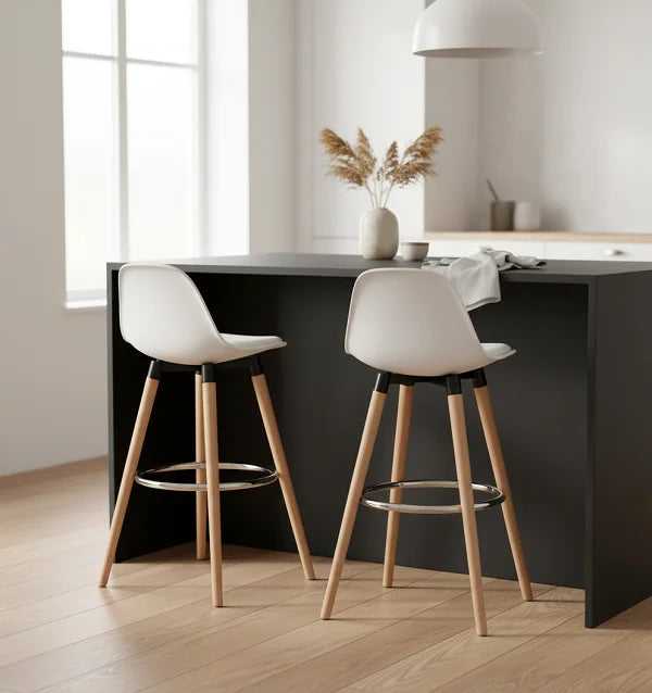 Set de 2 Taburetes de Bar PALL — Blanco y Madera de Haya H91cm