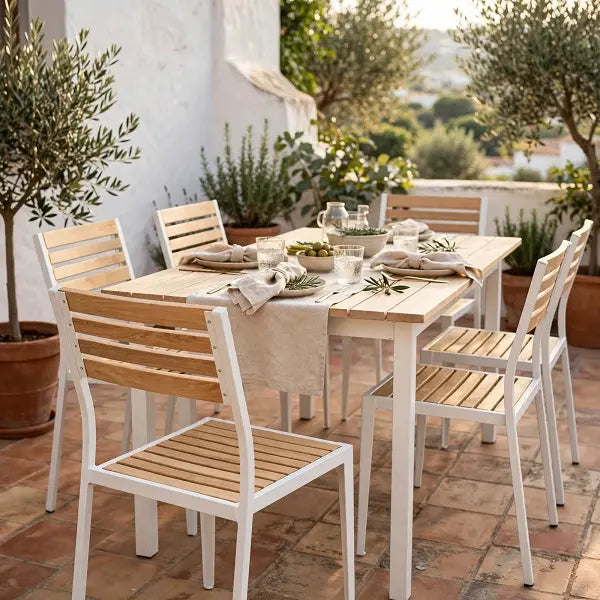 Silla de exterior DUNA — Fresno y acero blanco