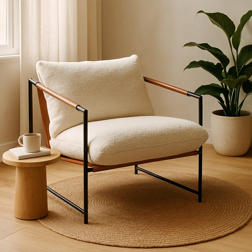 Sillón MJUK — Tapizado Crema, Asiento Ancho y Estructura de Acero