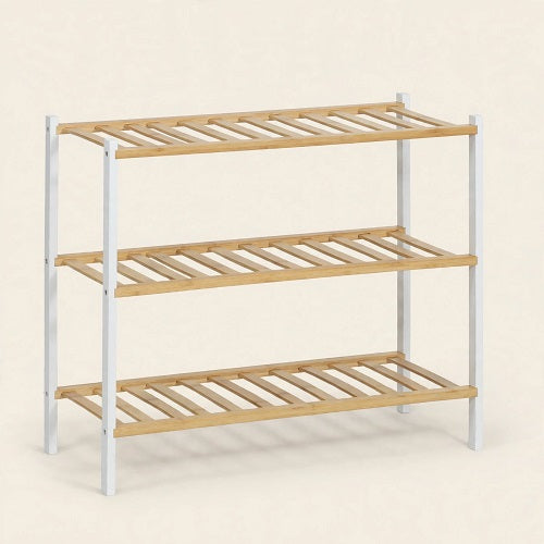 Zapatero STEG — Bambú, 3 Baldas, Blanco y Madera Natural
