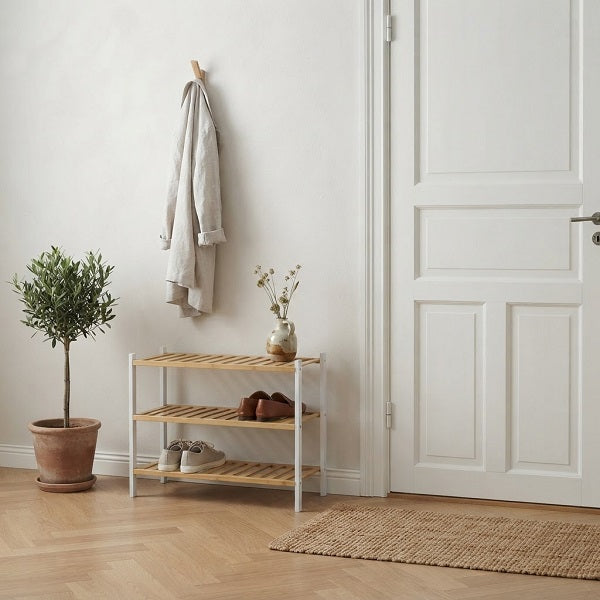 Zapatero STEG — Bambú, 3 Baldas, Blanco y Madera Natural