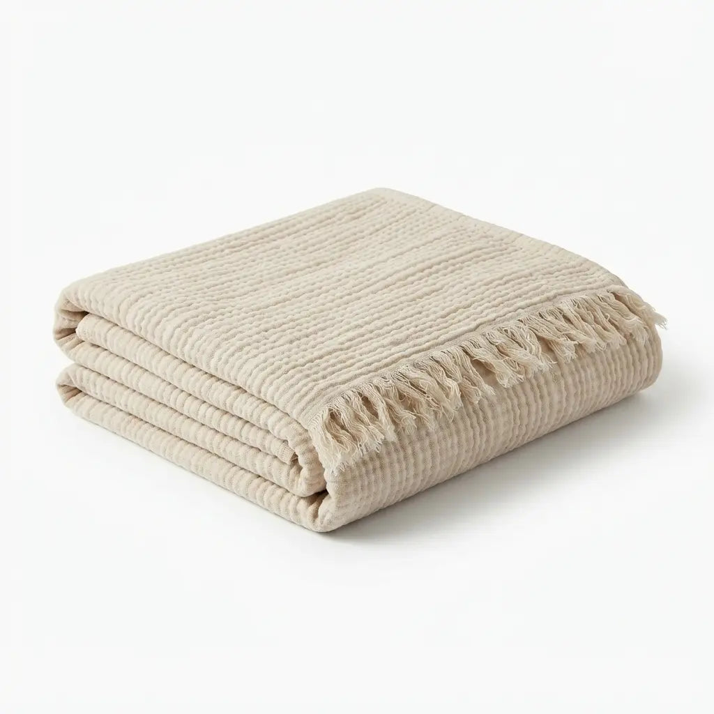 Manta de gasa de algodón MYK SOLHUSEN doblada en beige